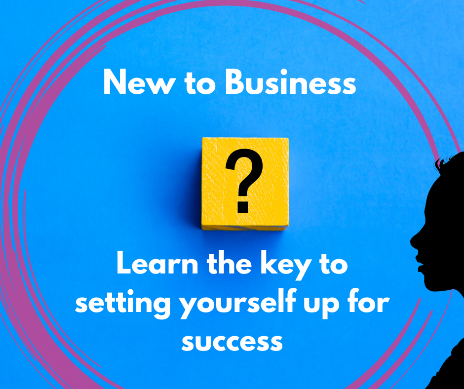 A question mark in a yellow box with a person's silhouette to the side and the words New To Business, and Learn the key to setting yourself up for success